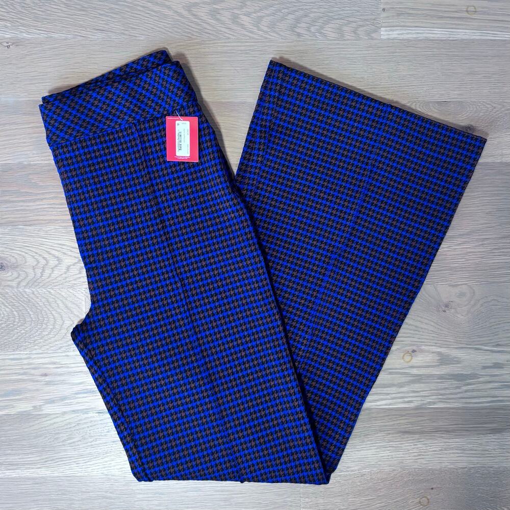 NWT Spanx Hi-Rise Flare Perfect Pant Houndstooth Blue Brown Jacquard Women Large
